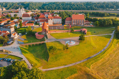 High angle view of trees and buildings in city