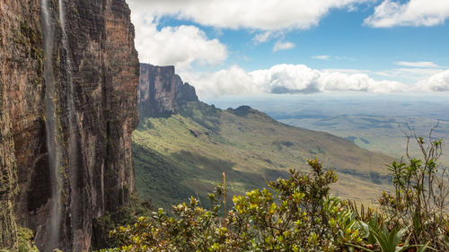 Scenic view of sea and mountains against sky