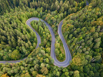 Winding road through the forest, from high mountain pass, in autumn season. aerial view by drone