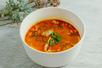 High angle view of soup in bowl on table