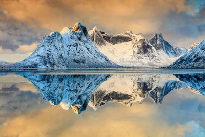 Idyllic shot of snowcapped mountains reflection in lake against sky