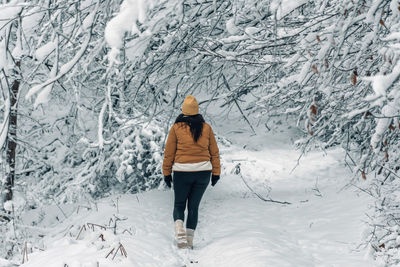 Rear view of man walking on snow covered land