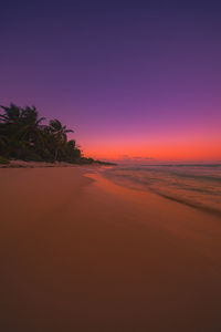 Scenic view of beach against clear sky at sunset