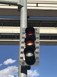 Low angle view of road signal against sky