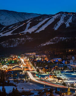 Christmas lights of the town of winter park, colorado in front of the winter park ski resort