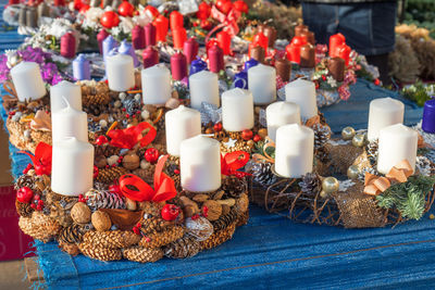 Close-up of christmas decorations on table