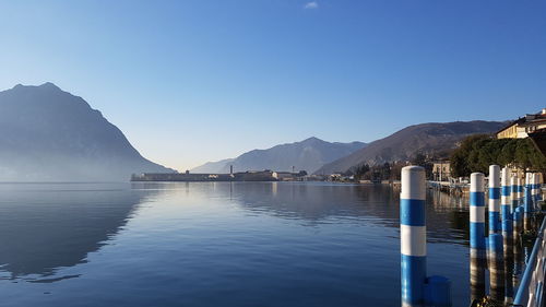 Scenic view of lake against clear blue sky