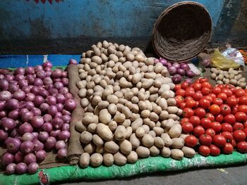 High angle view of vegetables for sale at market stall