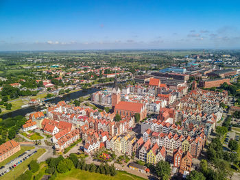 High angle shot of townscape against sky