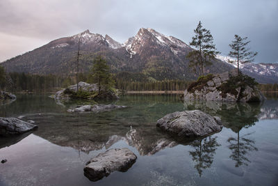 Scenic view of lake and mountains against sky