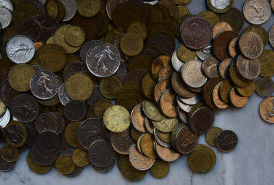 High angle view of coins on metal