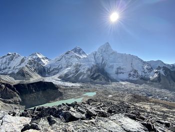 Scenic view of snowcapped mountains against clear sky