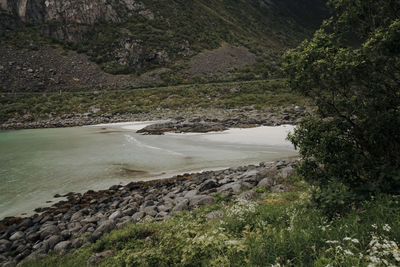 Scenic view of river amidst mountains