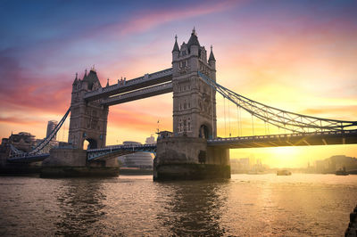 View of bridge over river at sunset