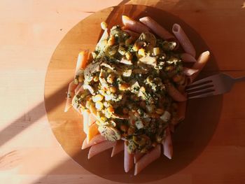 High angle view of vegetables in plate on table