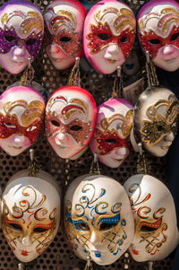 Close-up of various masks for sale in market