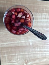 High angle view of strawberry in bowl on table