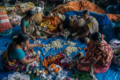 High angle view of people at market