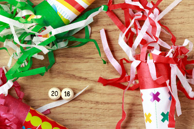 High angle view of christmas decorations on table