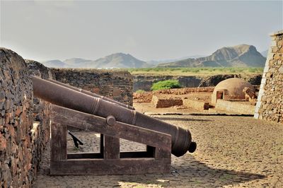 Cannons at old ruin against clear sky