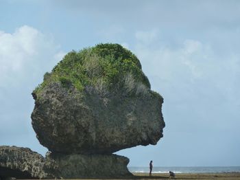 People standing on cliff by sea against sky