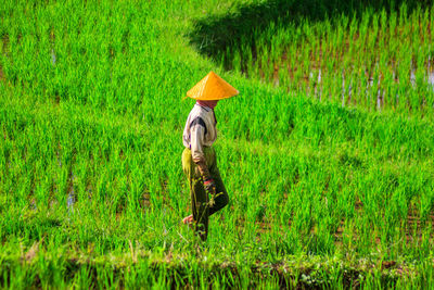 Rear view of woman walking on field