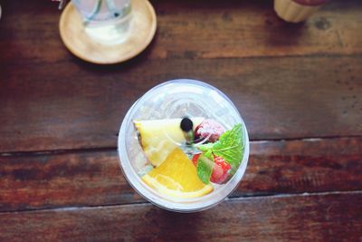 High angle view of ice cream in bowl on table