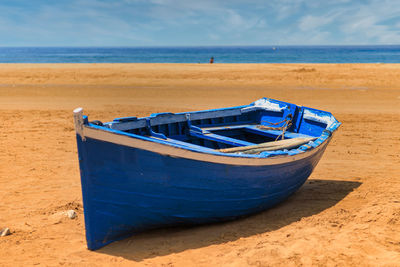 Boat moored on beach