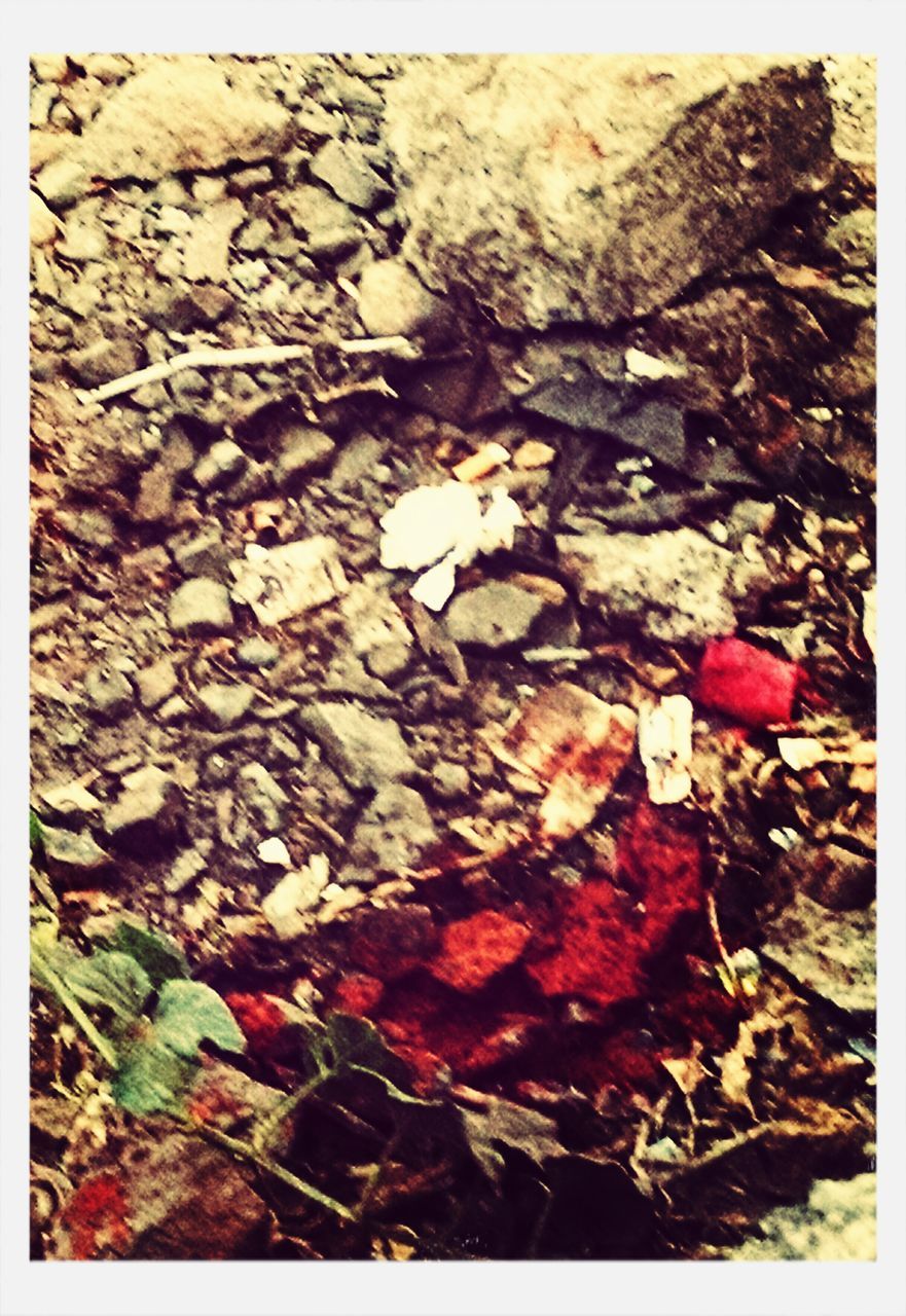 transfer print, auto post production filter, high angle view, textured, full frame, backgrounds, rock - object, stone - object, close-up, no people, day, outdoors, abandoned, pattern, damaged, ground, stone, rough, abundance, deterioration