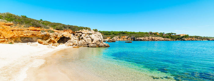 Scenic view of sea against clear blue sky