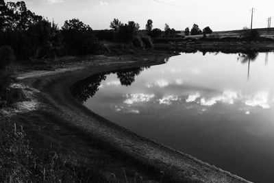 Reflection of trees on field against sky