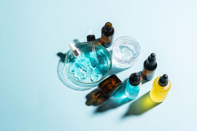 High angle view of bottles on table