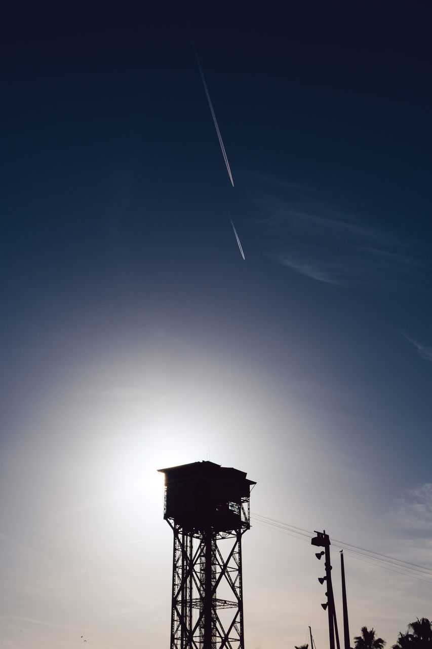 sky, nature, tower, architecture, cloud, horizon, built structure, silhouette, night, no people, technology, power generation, dusk, low angle view, light, evening, outdoors, blue, industry, copy space, water tower