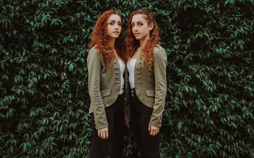 Portrait of young woman standing against plants