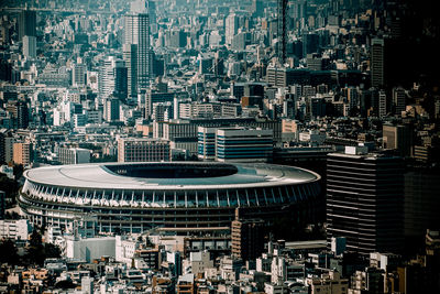 High angle view of modern buildings in city