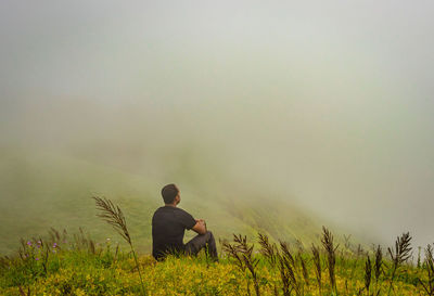 Rear view of man sitting on sidewalk against plants