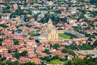 High angle view of buildings in town
