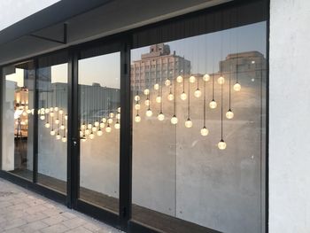 Modern building seen through glass window