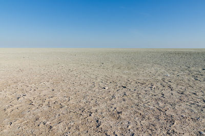 Scenic view of beach against clear blue sky