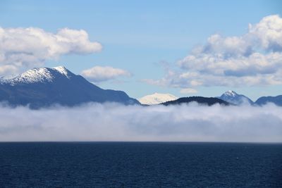 Scenic view of sea and mountains against sky