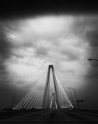 Low angle view of suspension bridge against cloudy sky