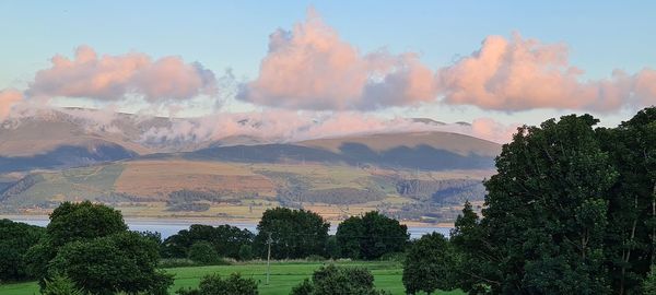 Panoramic view of trees and mountains against sky