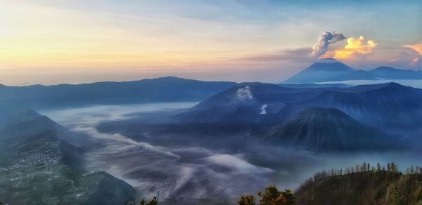 Scenic view of snowcapped mountains during sunset