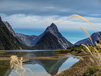 Scenic view of lake and mountains against sky