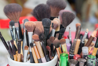 Many makeup brushes in makeup kit