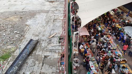 High angle view of people on street