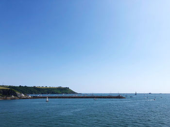 Scenic view of sea against clear blue sky