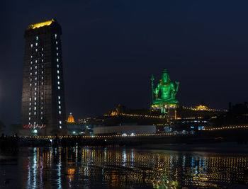 Night view of murdeshwar temple, lord shiva statue from murdeshwar beach, bhatkal, karnataka, india