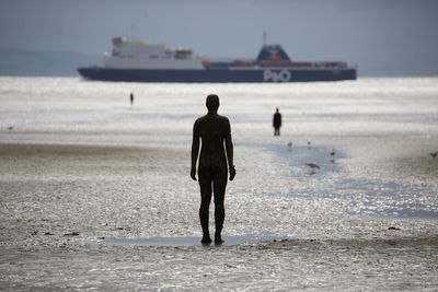 Rear view of man walking on beach