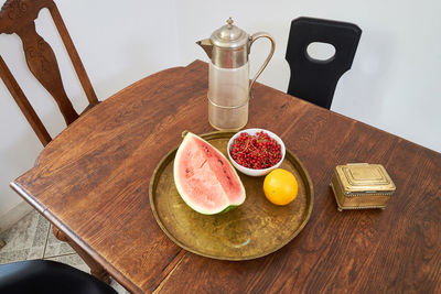 High angle view of breakfast on table